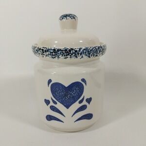 Blue Sponge Heart Jar Canister 8" includes lid My Love Gibson Stoneware White